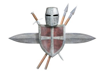  Şövalye kılıcı miğferi ve iki mızrak beyaza saplanmış.