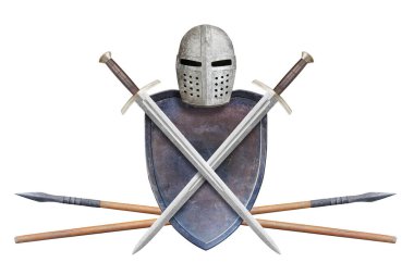 Şövalyelerin miğferi metal kalkandır. İki kılıç ve mızrak beyaza saplanmıştır.