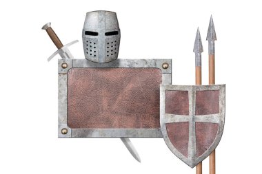 Beyaz arka planda şövalye miğferi, kılıç ve kalkanı olan deri iskelet.