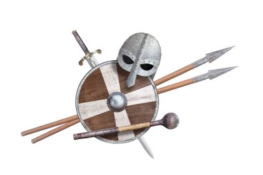  Şövalye kılıcı kalkanı miğferi ve iki mızrak beyaz üzerine izole edilmiş.