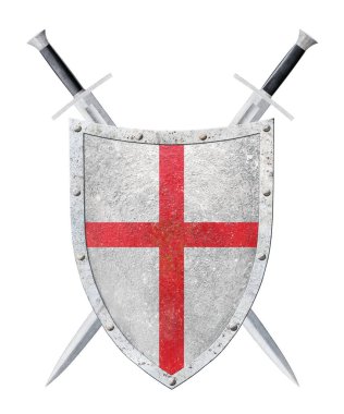 Demir kalkan ve iki çapraz kılıç beyaza izole edilmiş.