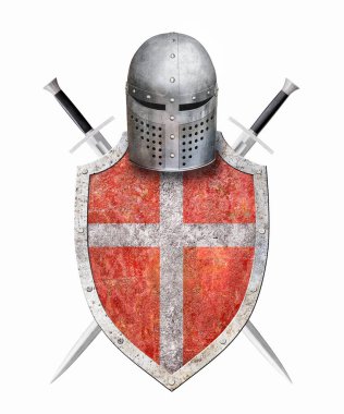 Beyaz haç başlıklı kırmızı kalkan ve beyaza izole edilmiş iki kılıç.