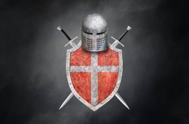 Siyah arka planda iki şövalye kalkanı ve miğferi var.