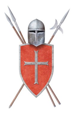 Şövalye miğferi kırmızı kalkan halberd ve beyaz üzerine izole edilmiş iki mızrak