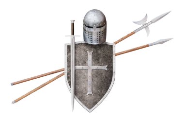 Eski şövalyelerin silahı beyaz üzerine izole edilmiş.