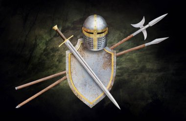 Altın kılıç kalkanı miğferi, mızrak ve halberd soyut koyu halkalar üzerinde