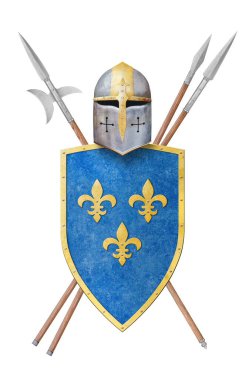 Şövalye miğferi mavi kalkanda altın sarısı zambaklar halberd ve beyaz üzerinde iki mızrak.