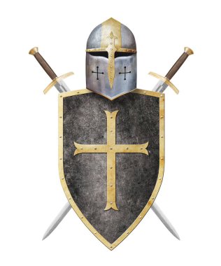 Şövalyenin miğferi altın haçla süslenmiş siyah kalkan ve beyaz üzerine izole edilmiş iki kılıç.