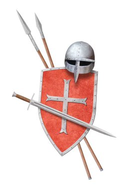 Kızıl Şövalyenin kalkanı çapraz miğfer kılıcıyla süslenmiş ve iki mızrak beyaza saplanmış.