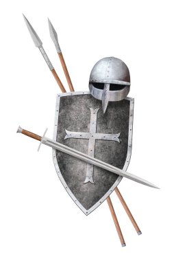 Çapraz miğfer kılıcıyla süslenmiş siyah bir kalkan ve beyaza saplanmış iki mızrak.