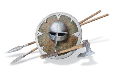 Viking 'in miğfer kalkan baltası ve beyaz arka planda iki mızrak.