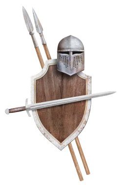 Kılıç miğferi tahta kalkan ve beyaz üzerine izole edilmiş iki mızrak.
