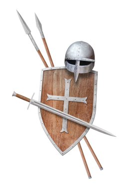 Çapraz miğfer kılıcıyla süslenmiş ahşap kalkan ve beyaz üzerine izole edilmiş iki mızrak.