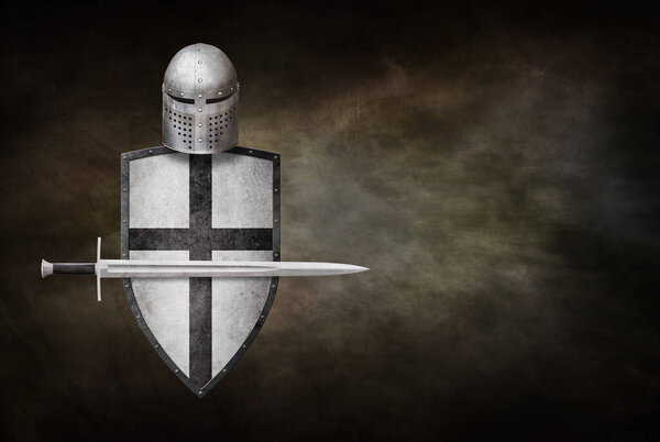 medieval knight's weapon on dark sepia background 