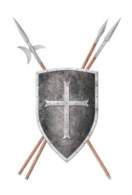 Kara Şövalye 'nin kalkanı haçla süslenmiş ve iki mızrak beyaza saplanmış.