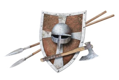 Viking 'in miğfer kalkan baltası ve beyaz üzerine izole edilmiş iki mızrak. 