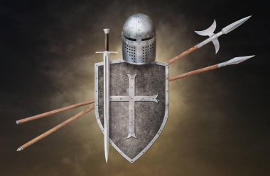 set of ancient knight's weapon on dark sepia background   clipart