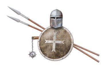 Ortaçağ miğferi, koruyucu zincir topuzu ve beyaz üzerine izole edilmiş iki mızrak.