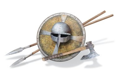 Viking 'in miğfer kalkan baltası ve beyaz arka planda iki mızrak.