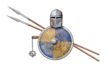 Ortaçağ miğferi, koruyucu zincir topuzu ve beyaz üzerine izole edilmiş iki mızrak.