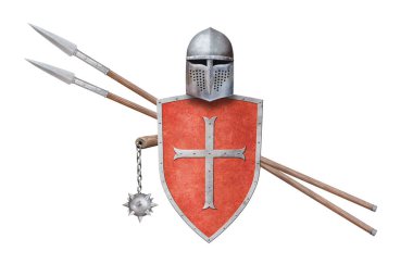 Ortaçağ miğferi kırmızı zincir topuzu ve beyaz üzerine izole edilmiş iki mızrak.