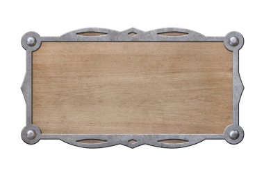 Beyaz arka planda izole edilmiş ahşap desenli metal plaka. 
