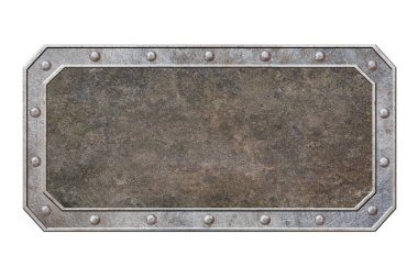 Perçinli metal plaka ve beyaz arka planda izole edilmiş grunge dokusu.