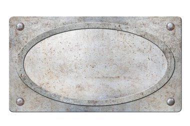 Perçinli metal plaka ve beyaz arka planda izole edilmiş grunge dokusu.