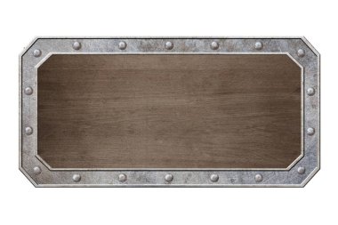 Perçinli metal plaka ve beyaz arka planda izole edilmiş ahşap dokular.