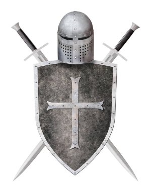 İki kılıç miğferi ve siyah kalkan, beyaz arka planda izole edilmiş bir haçla dekore edilmiş.