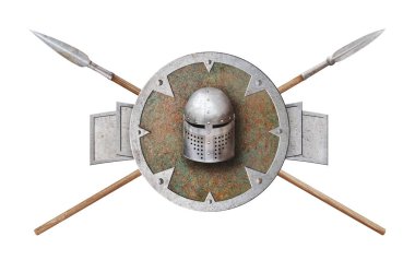 Şövalye miğferi yuvarlak kalkan ve iki mızrak beyaza saplanmış.