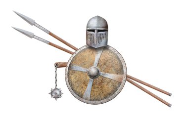 Ortaçağ miğferi, koruyucu zincir topuzu ve beyaz üzerine izole edilmiş iki mızrak.