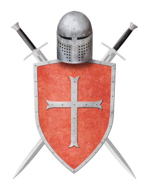 Beyaz arka planda çapraz izole edilmiş iki kılıç miğferi ve kırmızı kalkan.