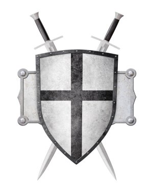 Beyaz arka planda siyah bir haçla süslenmiş iki kılıç ve kalkan.