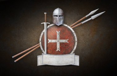 Kırmızı başlık, arka planda çapraz kılıçla süslenmiş iki mızrak ve metal tabela.