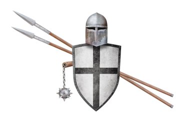 Ortaçağ kaskı ahşap zincir topuz ve beyaz üzerine izole edilmiş iki mızrak.