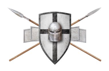 Şövalye miğferi kalkanı ve iki mızrak beyaza saplanmış.
