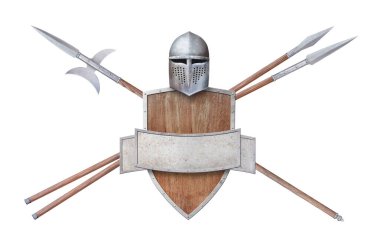 Miğfer ahşap kalkan halberd iki mızrak ve metal tabela beyaz arka planda izole