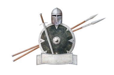 Miğfer siyah kalkan kılıcı iki mızrak ve metal levha beyaz üzerine itaatsizlik edildi.