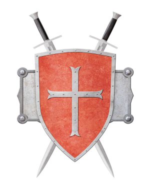 Beyaz arka planda çapraz izole edilmiş iki kılıç ve kırmızı kalkan.