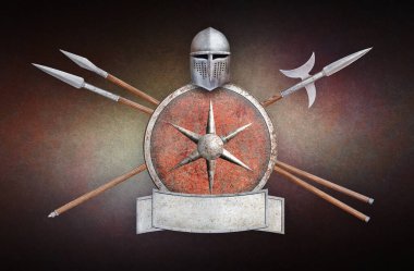 Kask paslı kalkan halberd iki mızrak ve grunge arka planda metal tabela