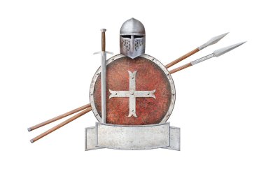 Miğfer kırmızı kalkan kılıcı iki mızrak ve metal levha beyaz üzerine itaatsizlik edildi.