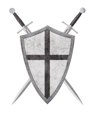 Siyah haçlı metal kalkan ve beyaz arka planda izole edilmiş iki kılıç