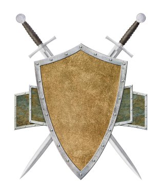 Ortaçağ kalkanı ve beyaz arka planda izole edilmiş iki kılıç