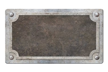 Perçinli metal plaka ve beyaz arka planda izole edilmiş grunge dokusu.