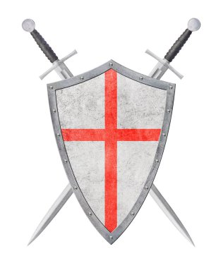 Kızıl haçlı metal kalkan ve beyaz zemin üzerinde izole edilmiş iki kılıç