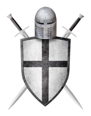 Beyaz arka planda siyah haçla süslenmiş iki kılıç miğferi ve kalkanı var.