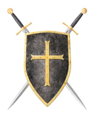 Altın haçla süslenmiş siyah kalkan ve beyaz arka planda izole edilmiş iki kılıç.
