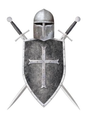 Şövalyenin siyah kalkanı, metal haç miğferi ve beyaz üzerine izole edilmiş iki kılıç.