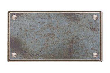Beyazda izole edilmiş metin için boş yeri olan paslı metal tabela